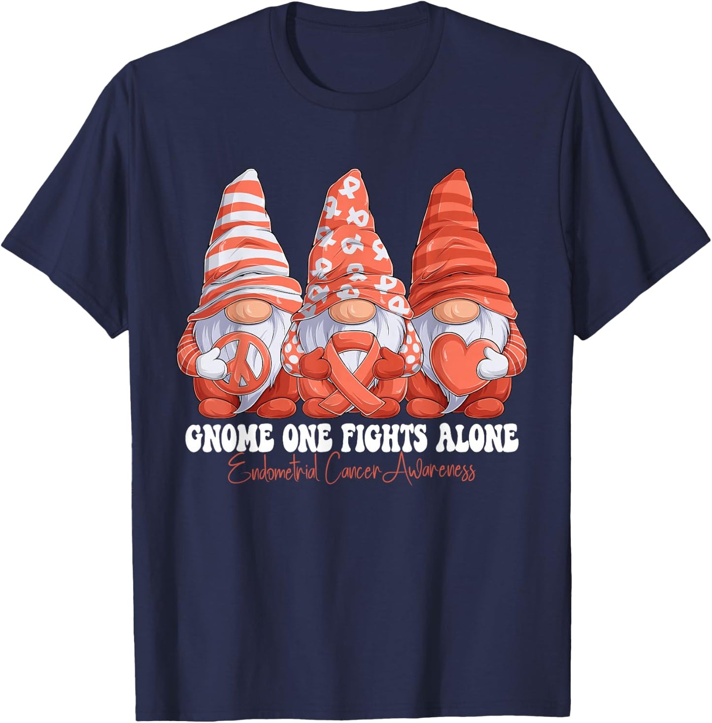 Endometrial Cancer Awareness Month Peach Ribbon Gnomies T-Shirt - T-Shirt | Navy
