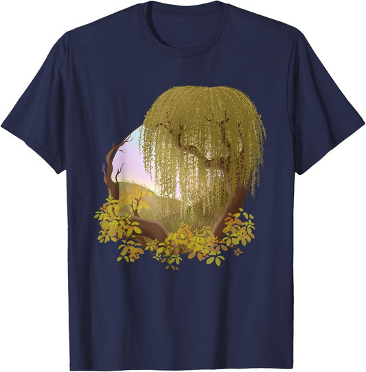 Hill Landscape with Tree Weeping Willow T-Shirt - T-Shirt | Navy