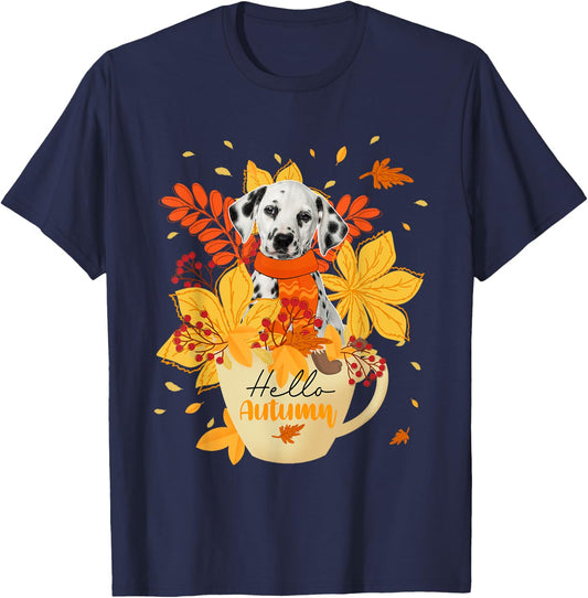 Hello Autumn Thanksgiving Dalmatian Inside Cup Fall Leaves T-Shirt - T-Shirt | Navy