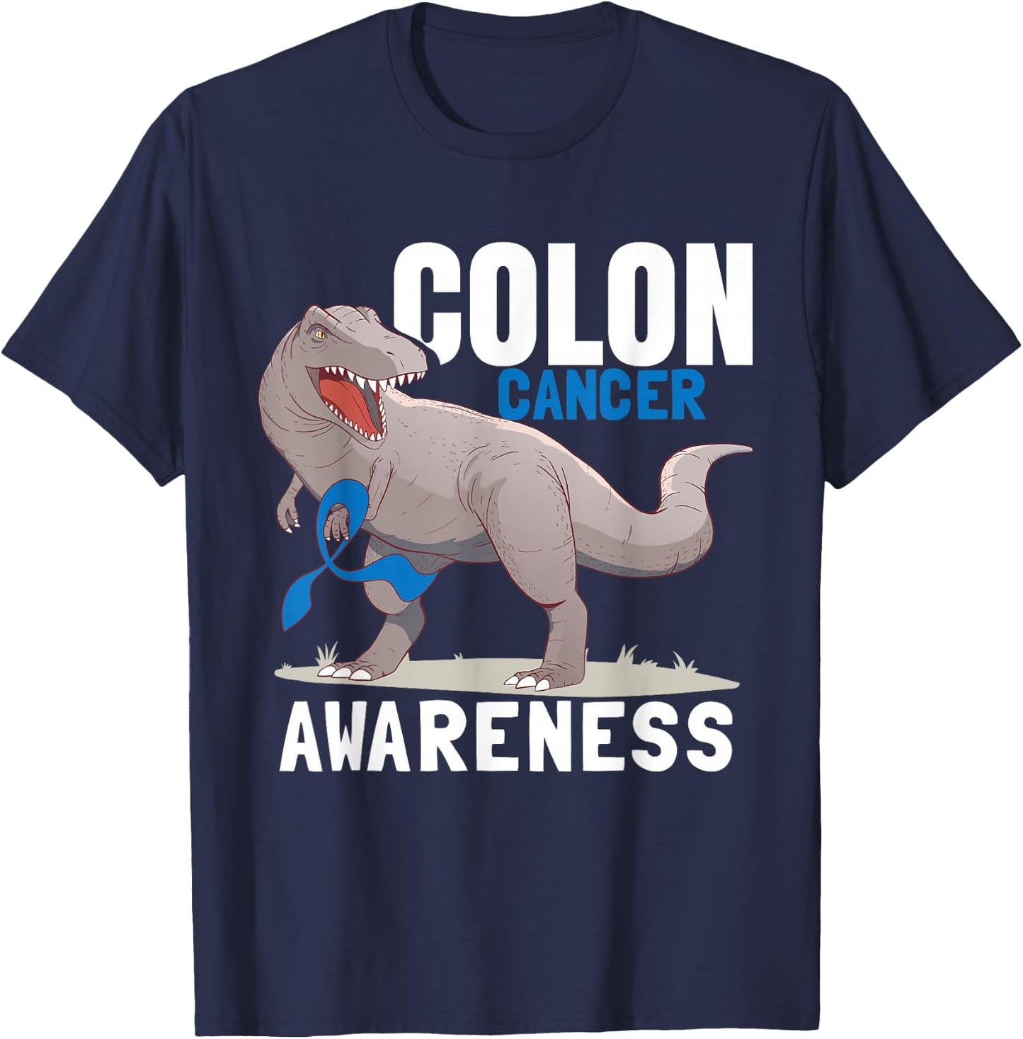 Dinosaur Blue Ribbon Colorectal Colon Cancer Awareness T-Shirt - T-Shirt | Navy