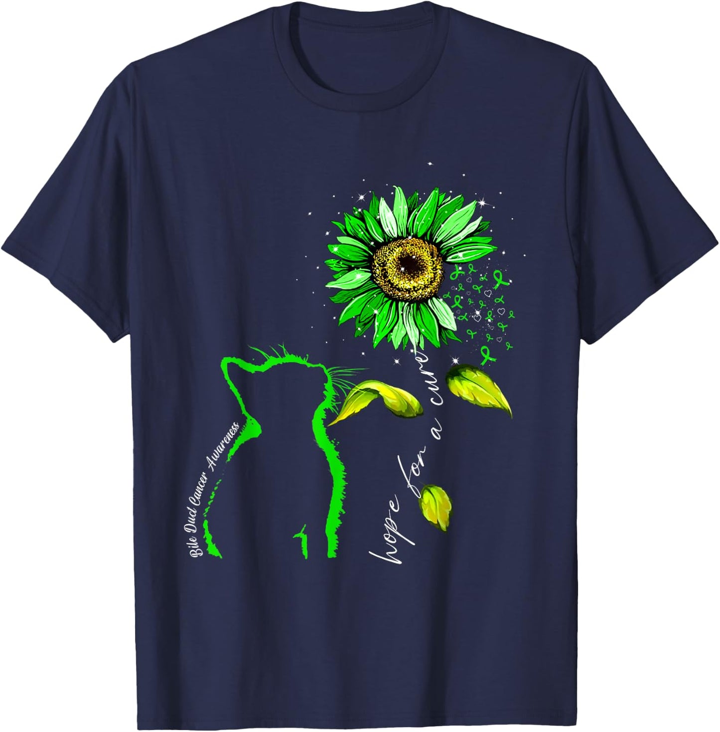 Sunflower Cat Green Bile Duct Cancer Awareness T-Shirt - T-Shirt | Navy