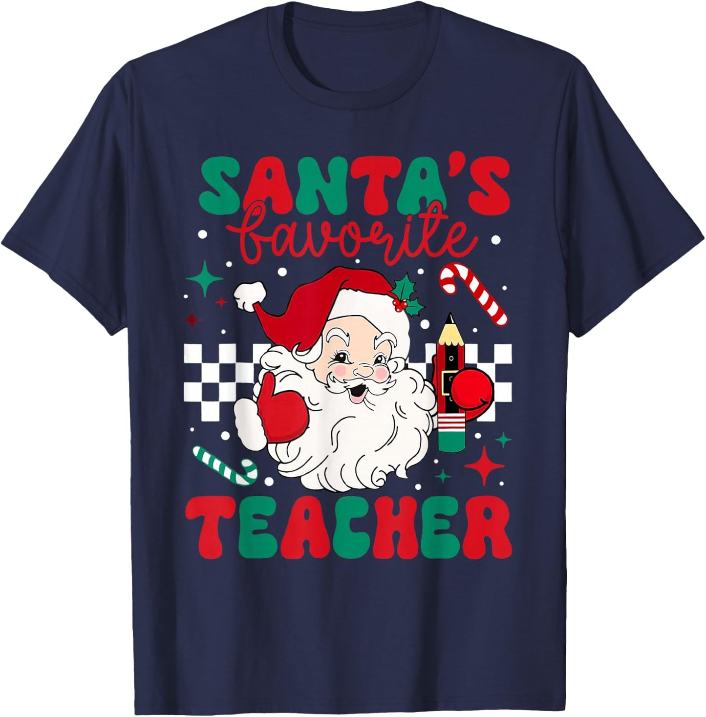 Santa's Favorite Teacher Christmas Retro Xmas Santa Claus PJ T-Shirt - T-Shirt | Navy