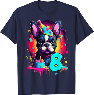 French Bulldog Dog 8th Birthday Themed Party 8 Years Old T-Shirt - T-Shirt | Navy
