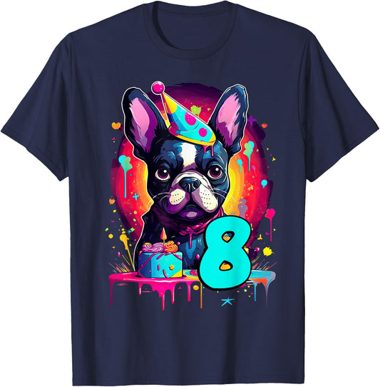 French Bulldog Dog 8th Birthday Themed Party 8 Years Old T-Shirt - T-Shirt | Navy
