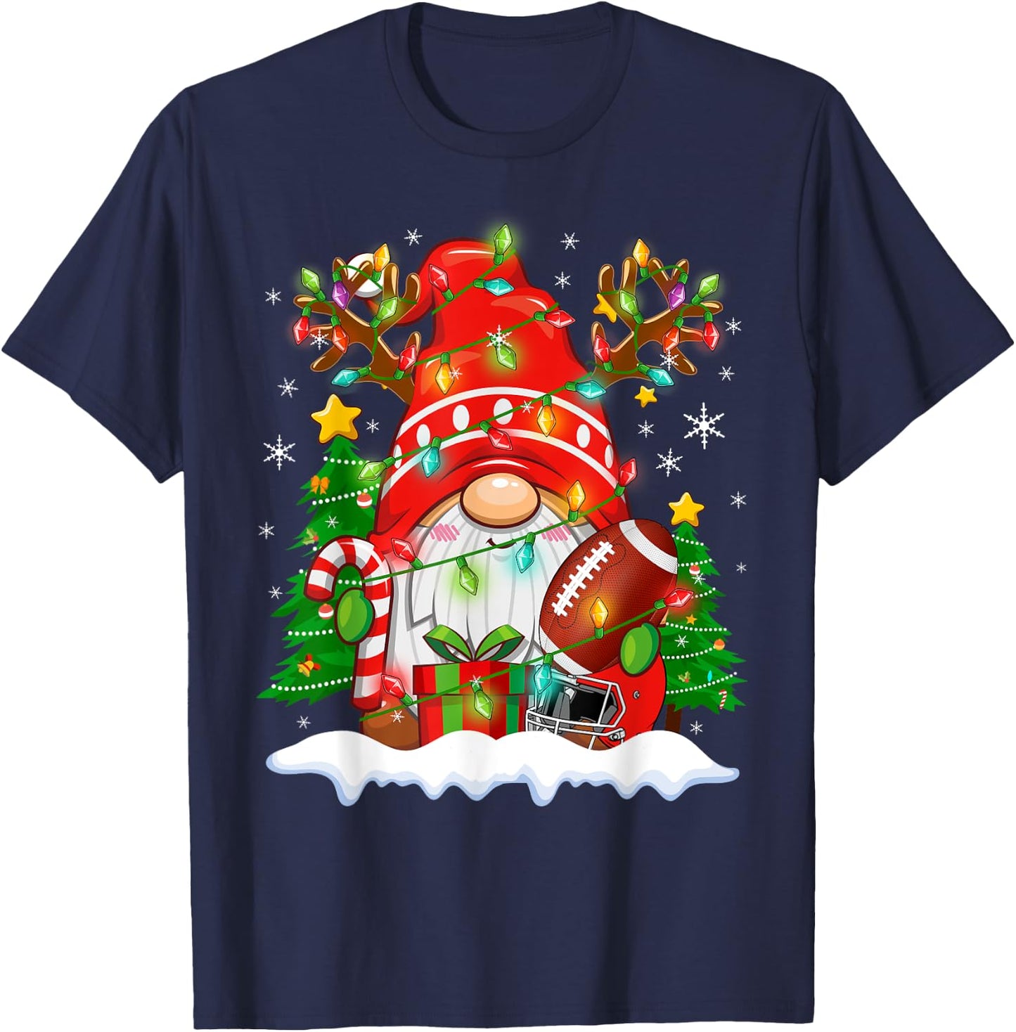 Funny Reindeer Gnome & Football Ball Christmas Lights Xmas T-Shirt - T-Shirt | Navy