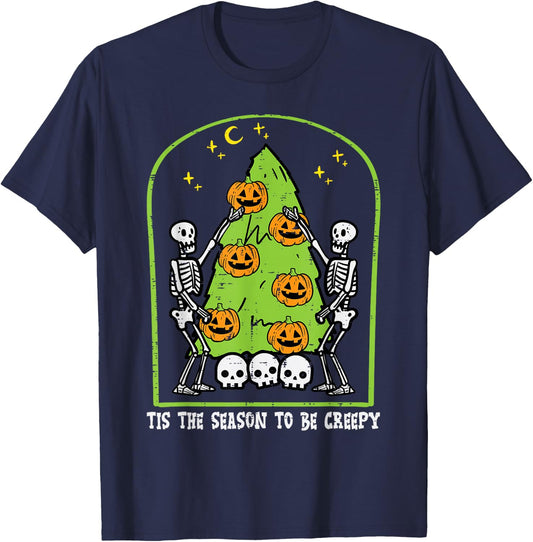Skeletons Spooky Season Tree Pumpkin Retro VIntage Halloween T-Shirt - T-Shirt | Navy