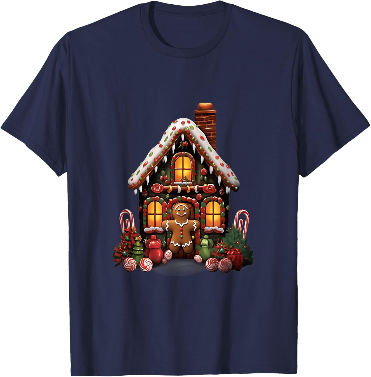 Christmas Gingerbread House Candy Cane X-Mas Pajamas Party T-Shirt - T-Shirt | Navy
