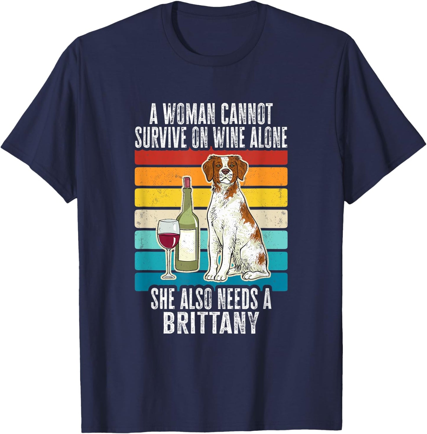Brittany Spaniel Wine Retro Vintage Brittany Dog Men Women T-Shirt - T-Shirt | Navy