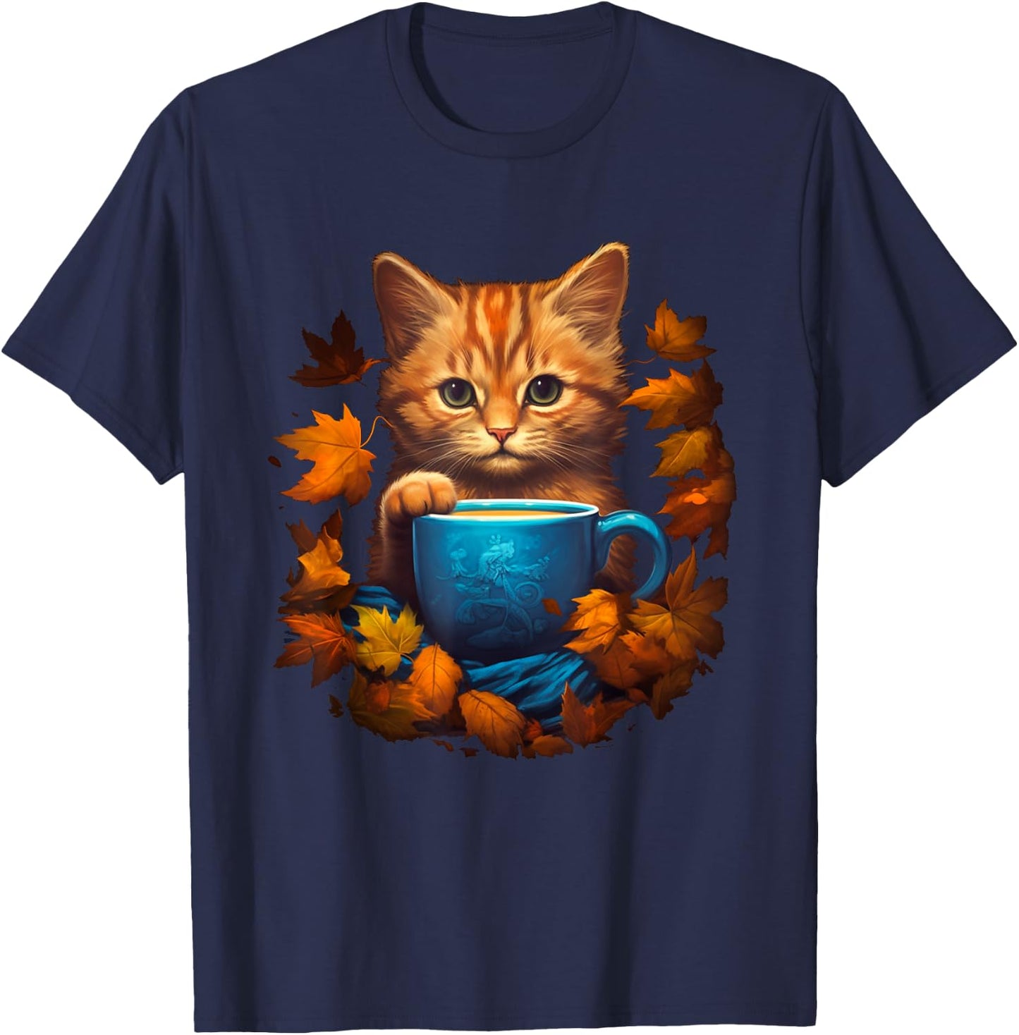Funny Cat & Coffee Fall Autumn Leaves For Cat Lovers Costume Men Women T-Shirt - T-Shirt | Navy