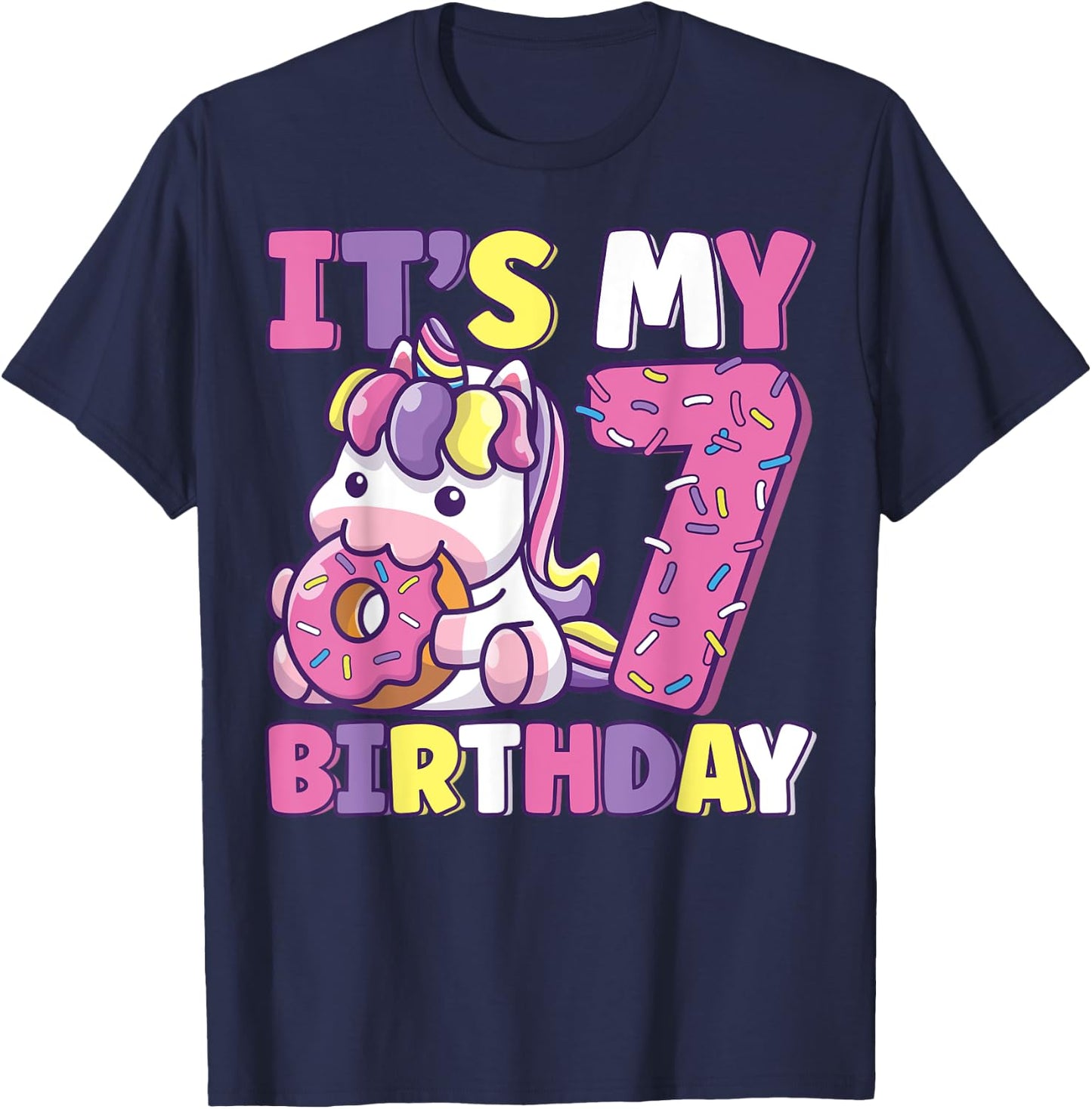 It's My 7th Birthday Party Cute Girls Donut Birthday Unicorn T-Shirt - T-Shirt | Navy