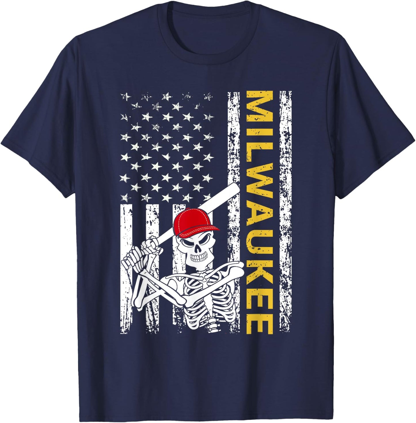 Milwaukee Halloween US Flag Skeleton Baseball Players T-Shirt - T-Shirt | Navy