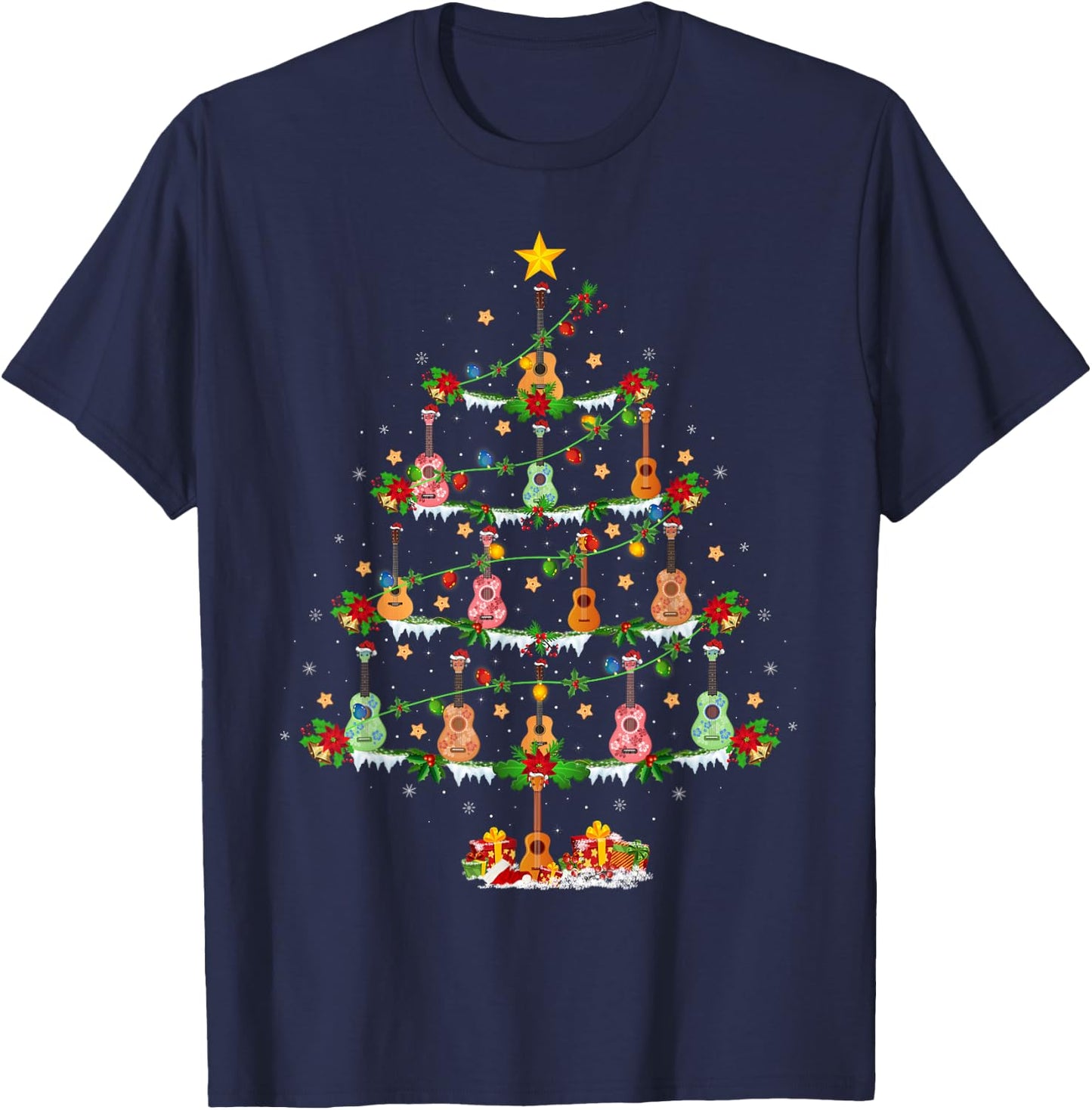 Ukulele Lover Xmas Lighting Santa Ukulele Christmas Tree T-Shirt - T-Shirt | Navy