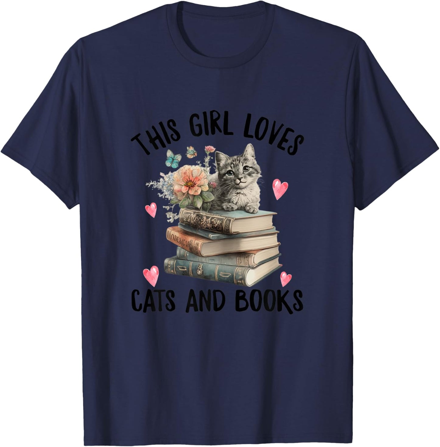 This Girl Loves Cats and Books ok? Funny Cat Watercolor T-Shirt - T-Shirt | Navy