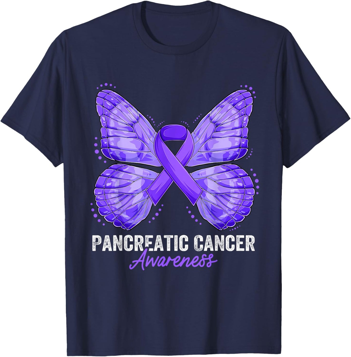 Pancreatic Cancer Awareness Month Butterfly Purple Ribbon T-Shirt - T-Shirt | Navy