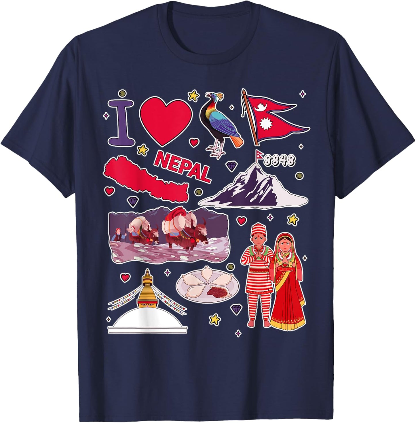 Nepali hand drawn landmarks, Nepal map, cultural icons T-Shirt - T-Shirt | Navy