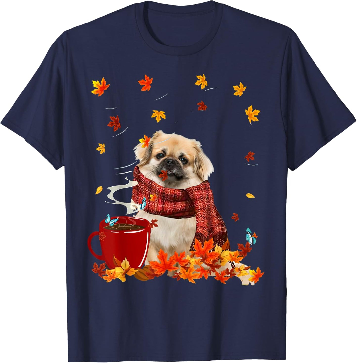 Tibetan Spaniel Fall Red Scarf Autumn Leaf For Dog Lover Men Women T-Shirt - T-Shirt | Navy