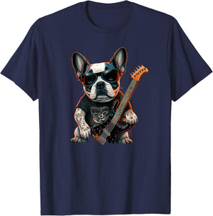 Funny French Bulldog Frenchie Rock and Roll Music Rocker T-Shirt - T-Shirt | Navy