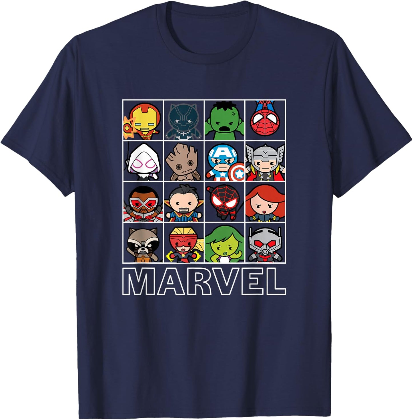 Marvel Kawaii Chibi Iconic Characters Grid Panels T-Shirt - T-Shirt | Navy