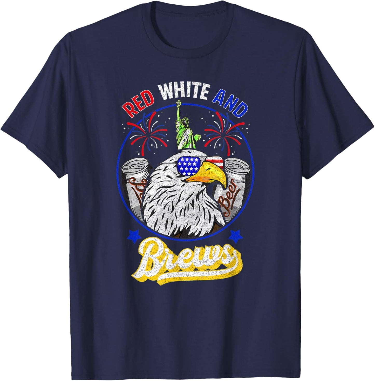 DISTRESSED RED WHITE and BREWS 4th of July Beer Alcohol T-Shirt - T-Shirt | Navy