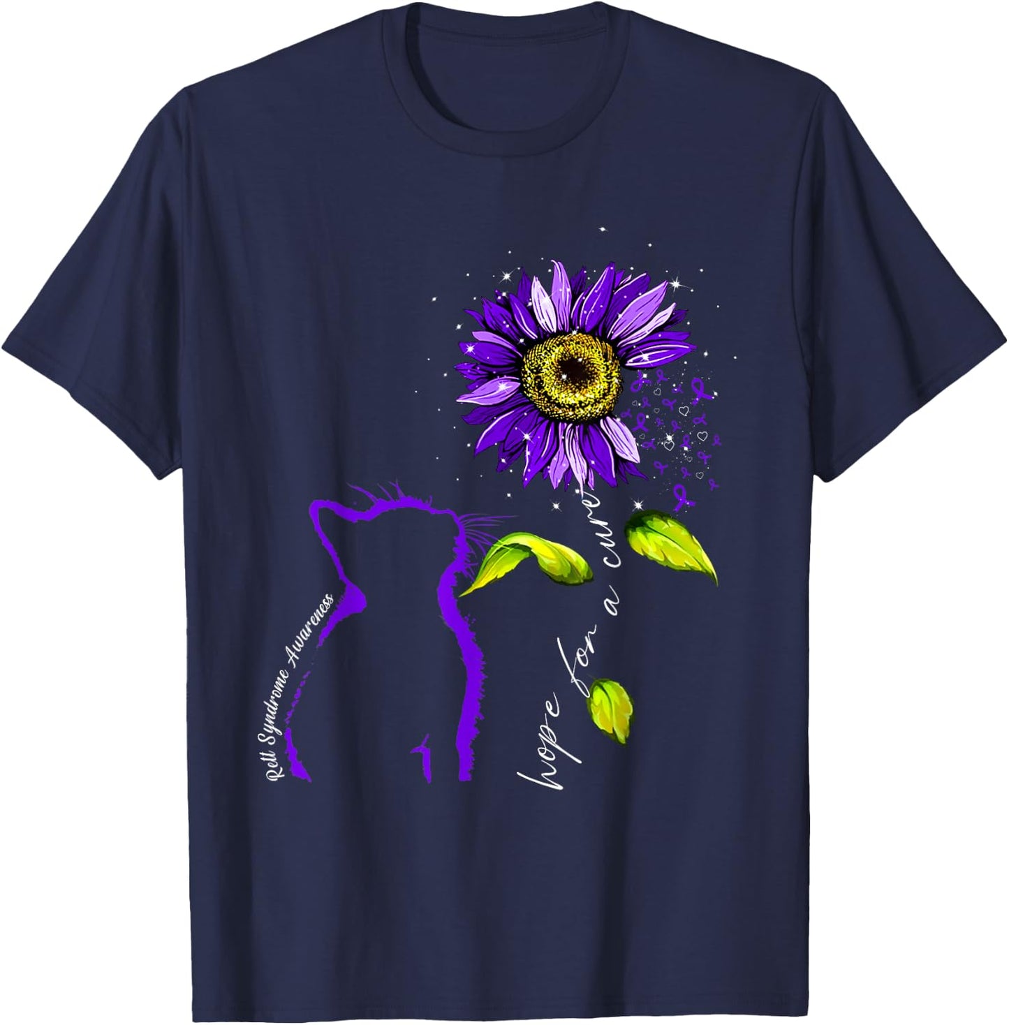 Sunflower Cat Purple Rett Syndrome Awareness Men Women T-Shirt - T-Shirt | Navy