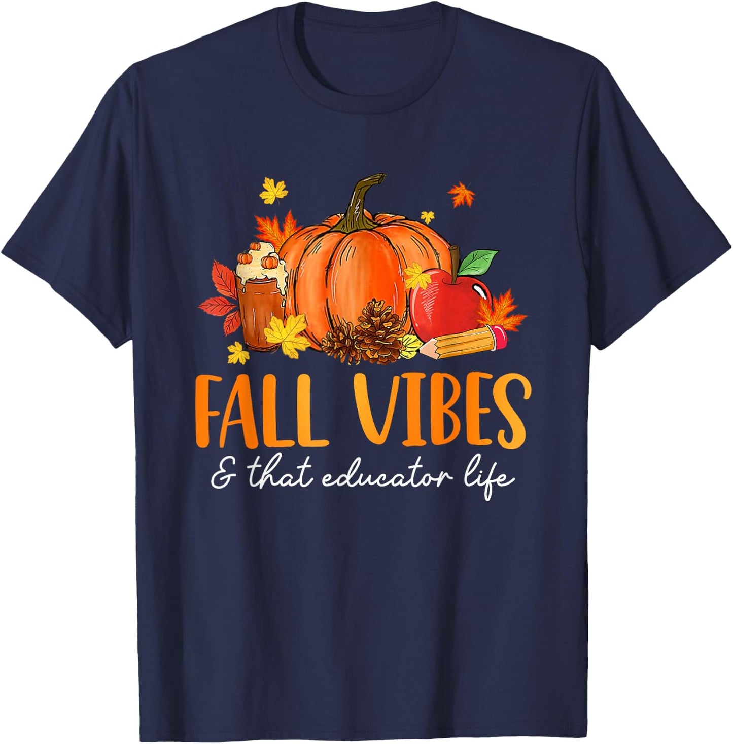Fall Vibes & That Educator Life Leopard Pumpkin Season T-Shirt - T-Shirt | Navy
