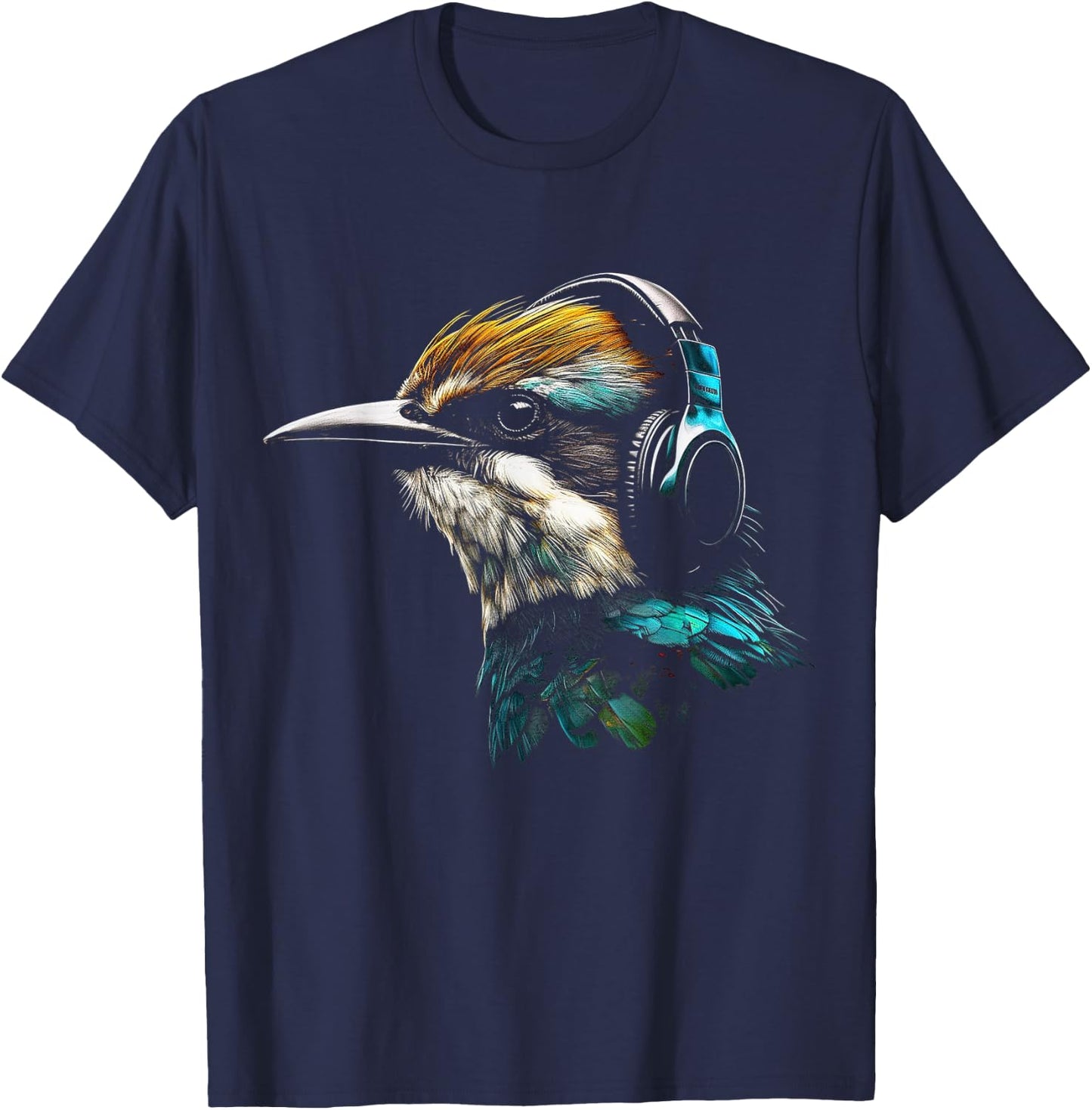 Bird Headphones Artwork | Music Animal Motif Bird T-Shirt - T-Shirt | Navy