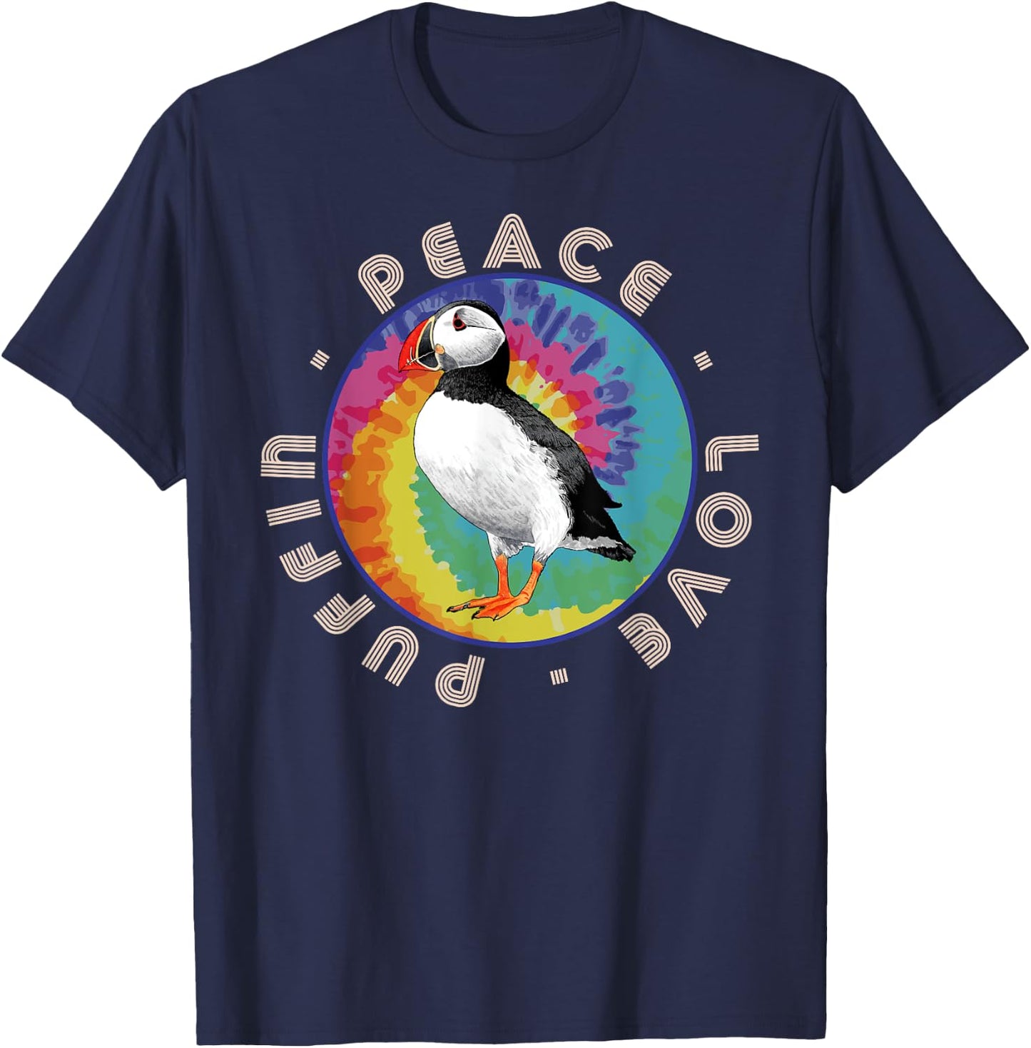 Vintage Retro Style Atlantic Sea Bird Fly Peace Love Puffin T-Shirt - T-Shirt | Navy