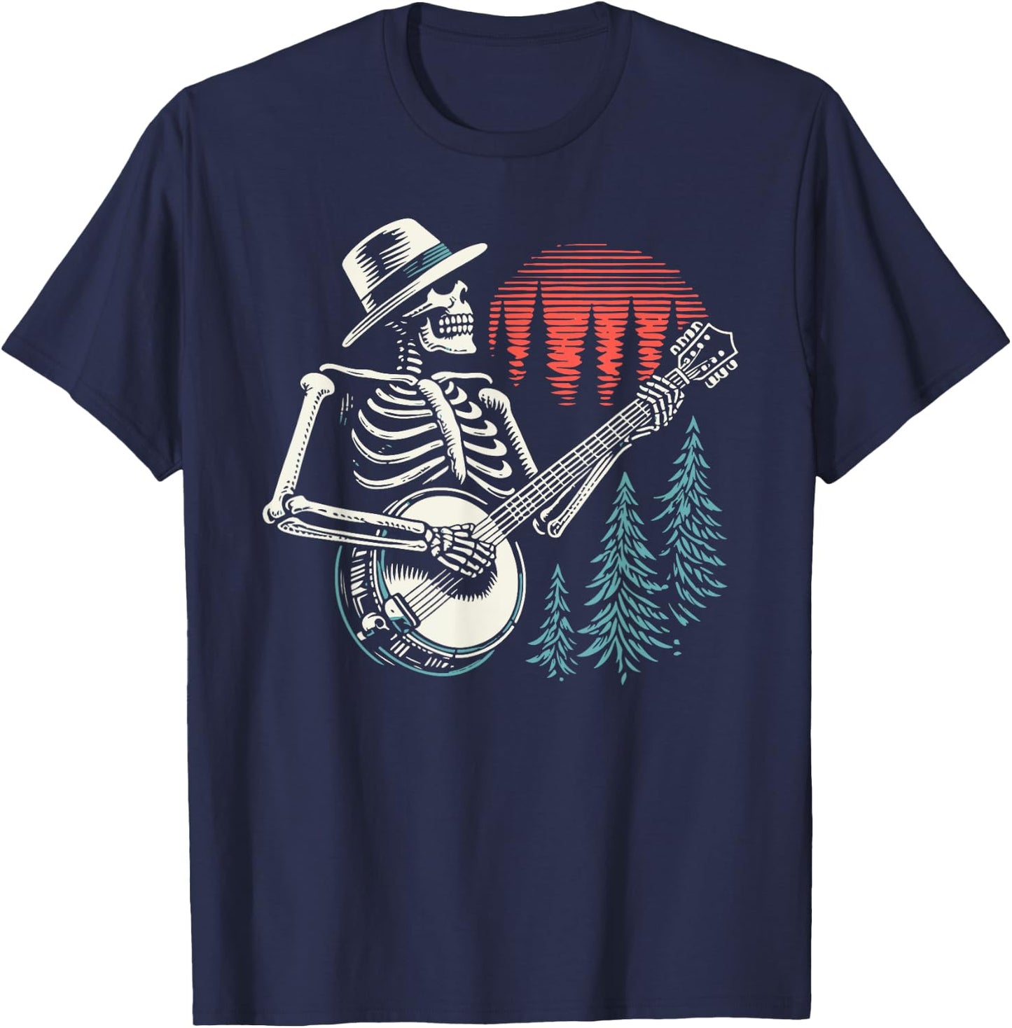 Minimalist Skeleton Skull Banjo Player T-Shirt - T-Shirt | Navy