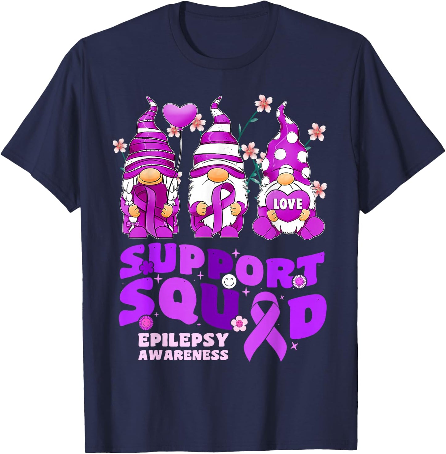 Support Squad Epilepsy Awareness Gnome Ribbon Flower Groovy T-Shirt - T-Shirt | Navy