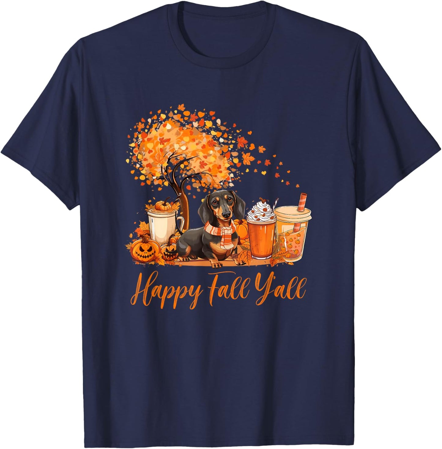 Happy Fall Y'all Dachshund Autumn Pumpkin Spice Latte T-Shirt - T-Shirt | Navy