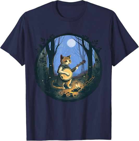 Cottagecore Aesthetic Cat Playing Banjo - Camping Gift Men Women Kids T-Shirt - T-Shirt | Navy