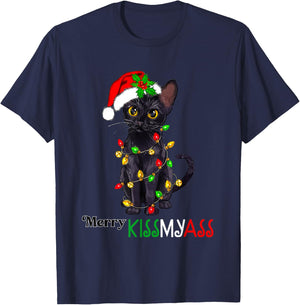 Funny Black Cat Merry Kissmyass Xmas Pajamas Chritsmas Women T-Shirt - T-Shirt | Navy