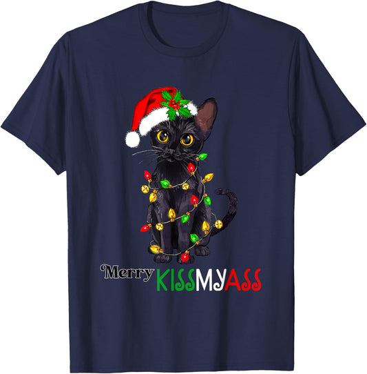 Funny Black Cat Merry Kissmyass Xmas Pajamas Chritsmas Women T-Shirt - T-Shirt | Navy