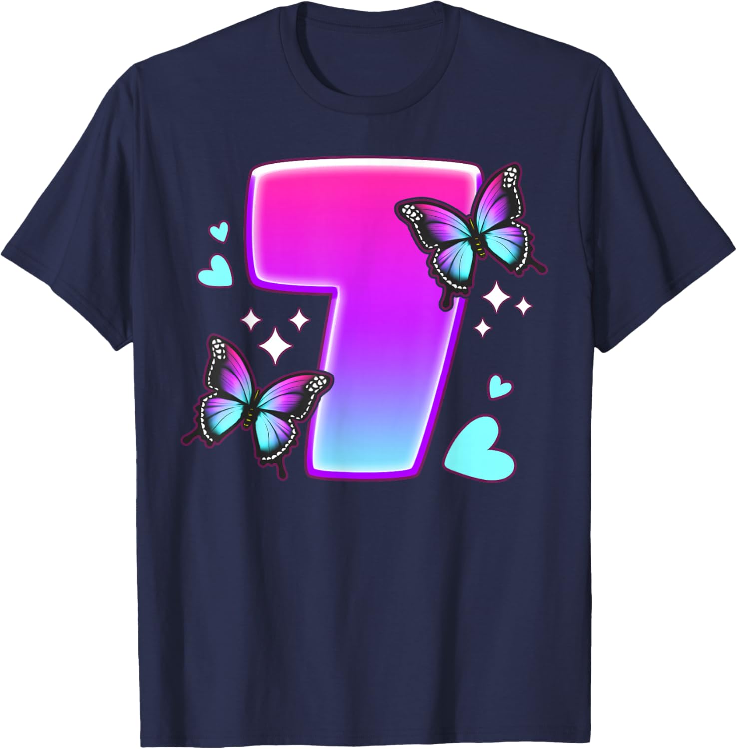 Birthday Girl 7 Years, Butterflies and Number 7 T-Shirt - T-Shirt | Navy