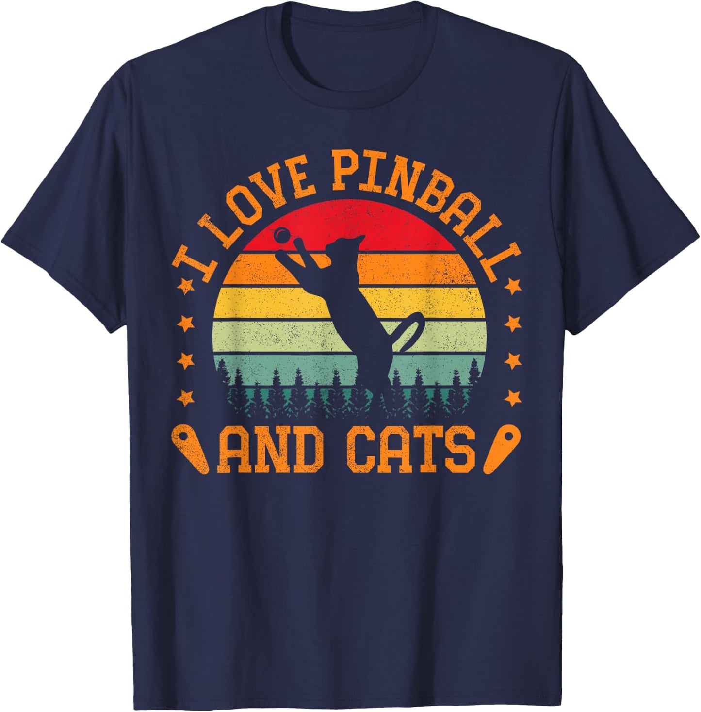 Retro Sunset I Love Pinball And Cats Pinball Machine Gamer T-Shirt - T-Shirt | Navy