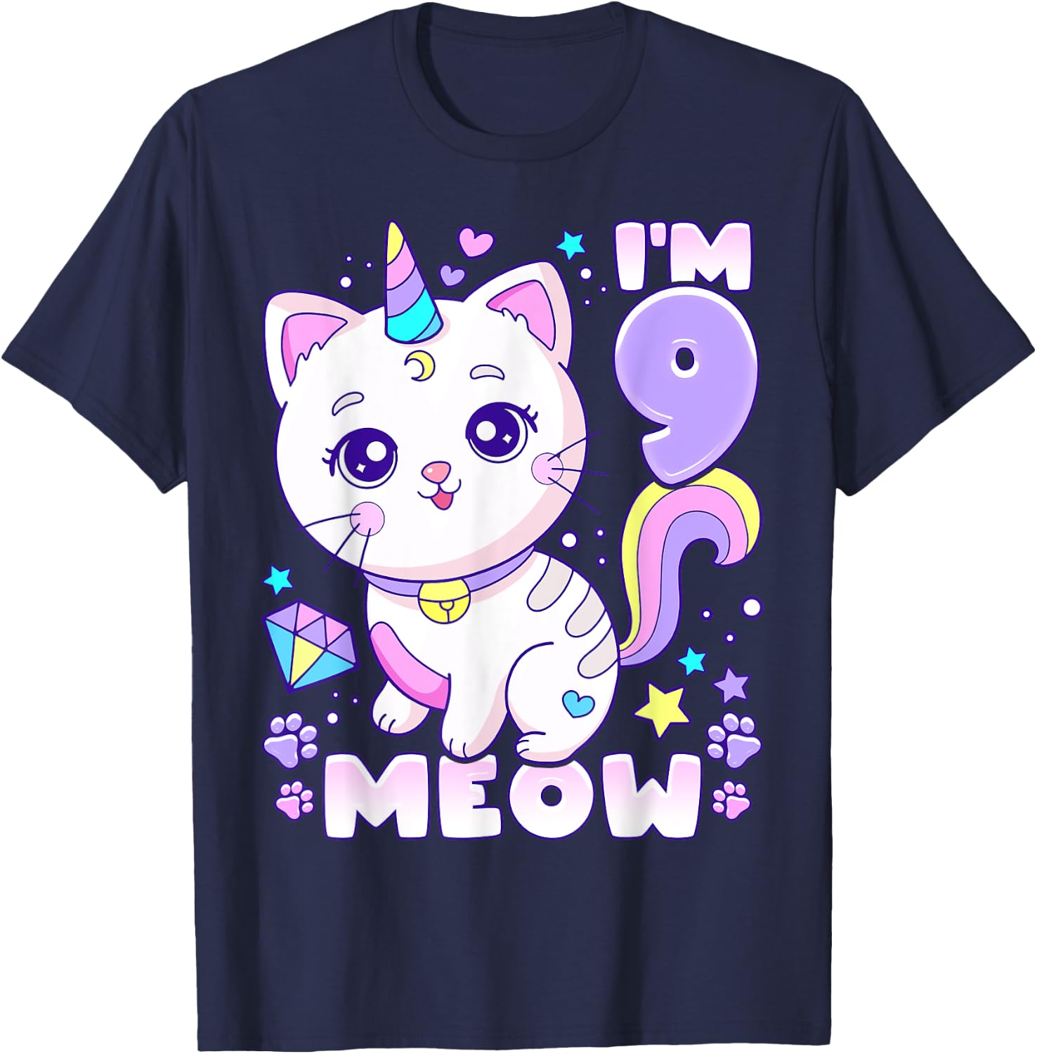 Birthday girl 9 years old, cat, unicorn, 9th birthday T-Shirt - T-Shirt | Navy