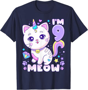 Birthday girl 9 years old, cat, unicorn, 9th birthday T-Shirt - T-Shirt | Navy