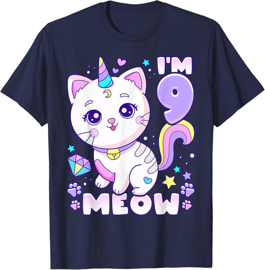 Birthday girl 9 years old, cat, unicorn, 9th birthday T-Shirt - T-Shirt | Navy