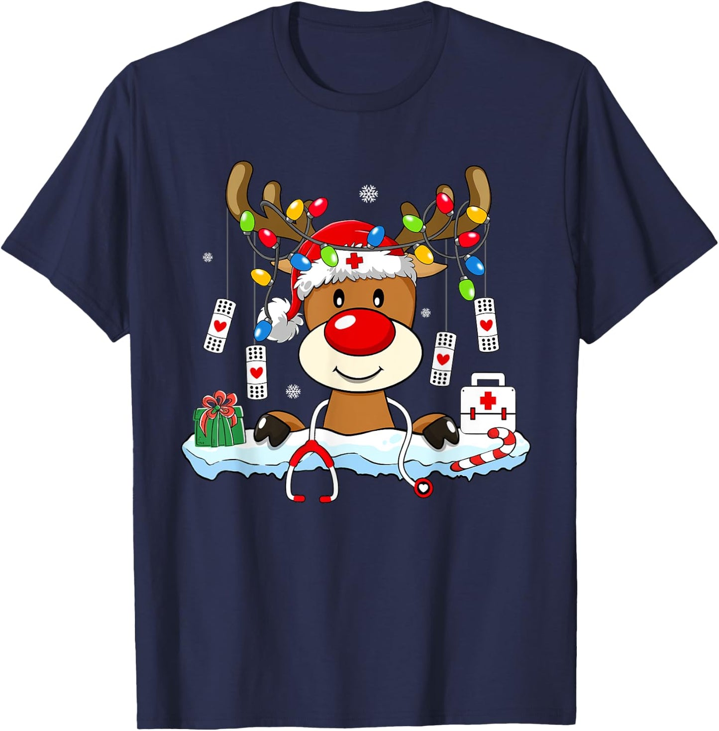 Family Christmas Shirts Gift Ideas Nurse Christmas Reindeer Stethoscope Nursing Matching Xmas T-Shirt - T-Shirt | Navy