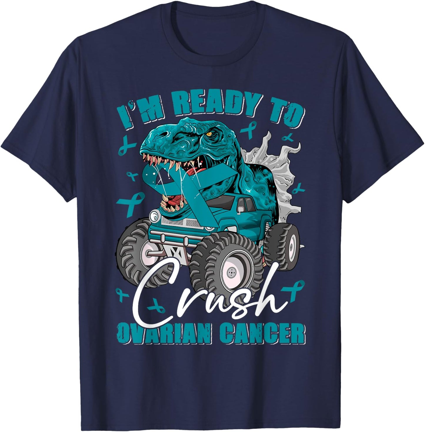 Ready To Crush Ovarian Cancer Awareness T Rex Monster Truck T-Shirt - T-Shirt | Navy