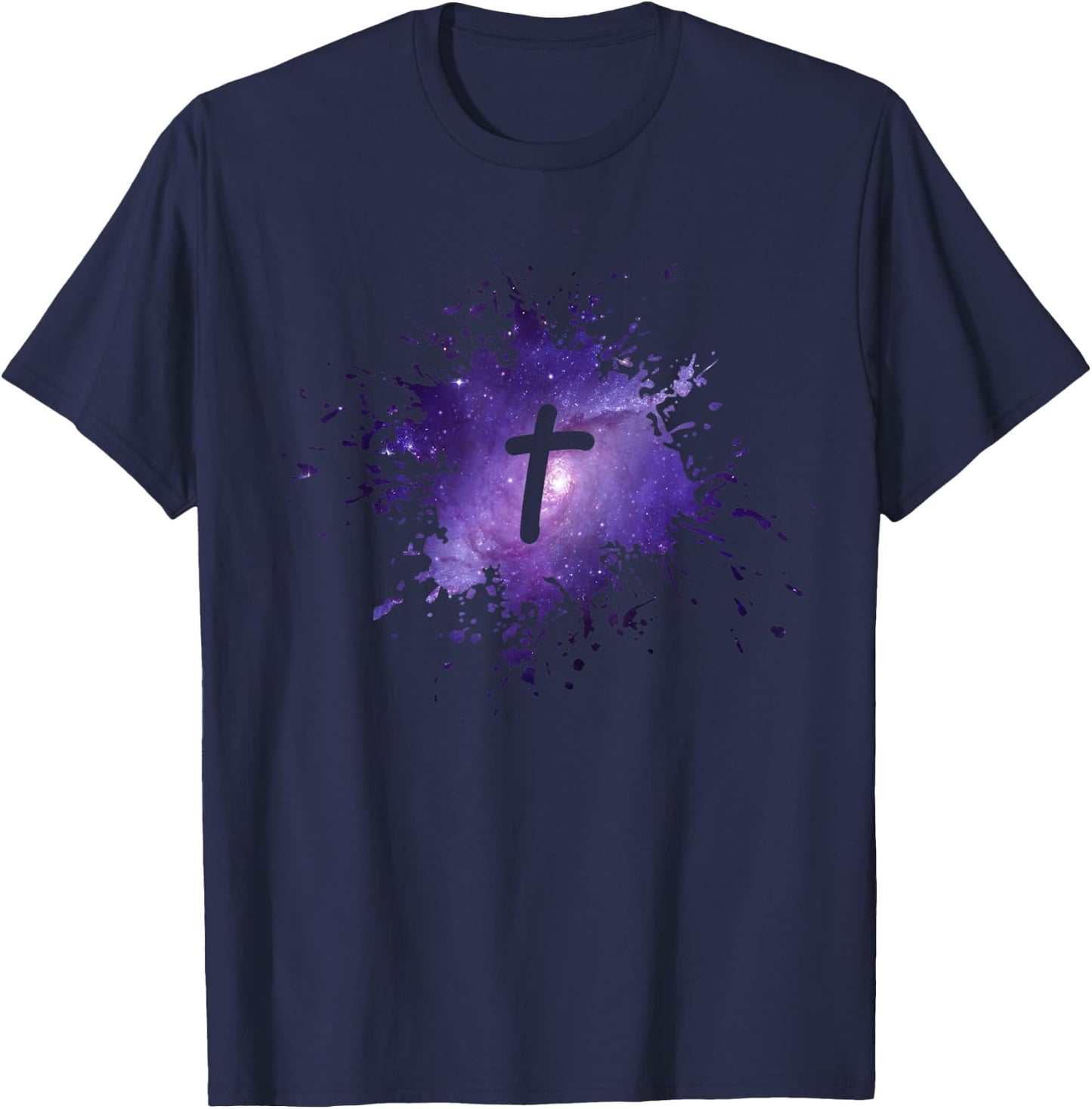 Purple Galaxy Splatter Design with Cross Christian Men Women T-Shirt - T-Shirt | Navy