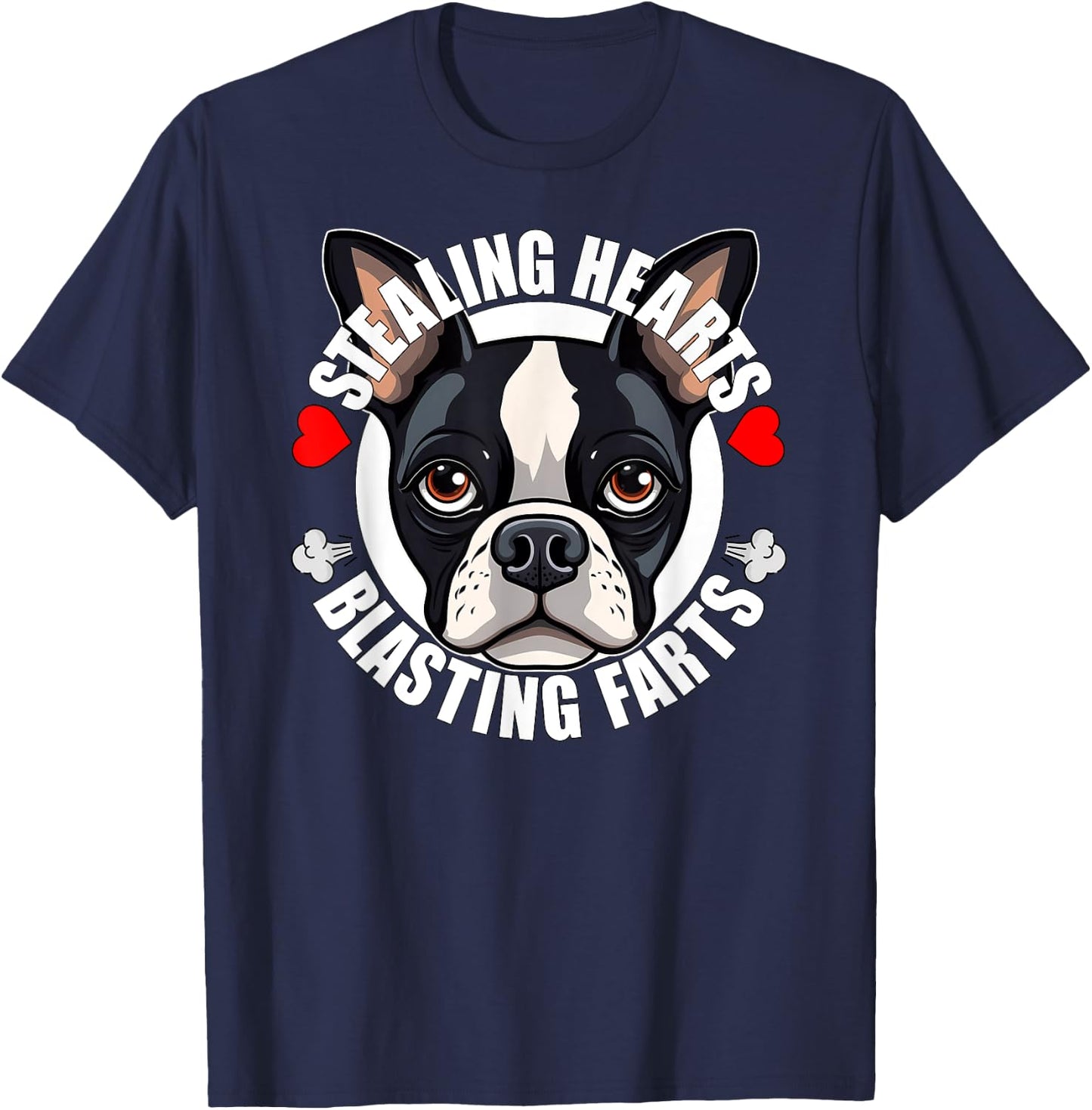 Funny Boston Terrier Stealing Hearts Blasting Farts Cute Dog Men Women Girls Kids T-Shirt - T-Shirt | Navy