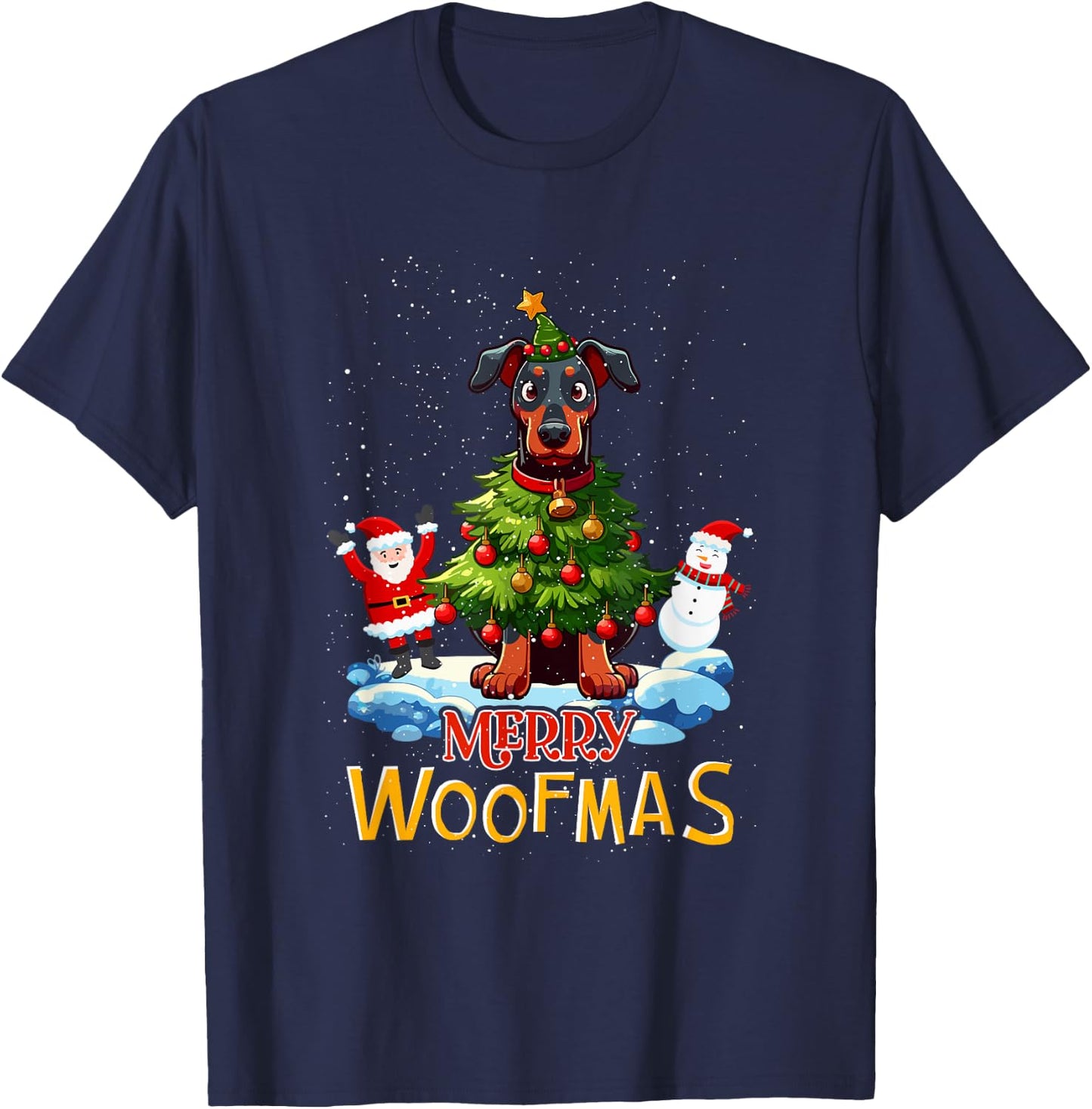 Doberman Merry Christmas Tree Lights Dog X-Mas Dogs T-Shirt - T-Shirt | Navy