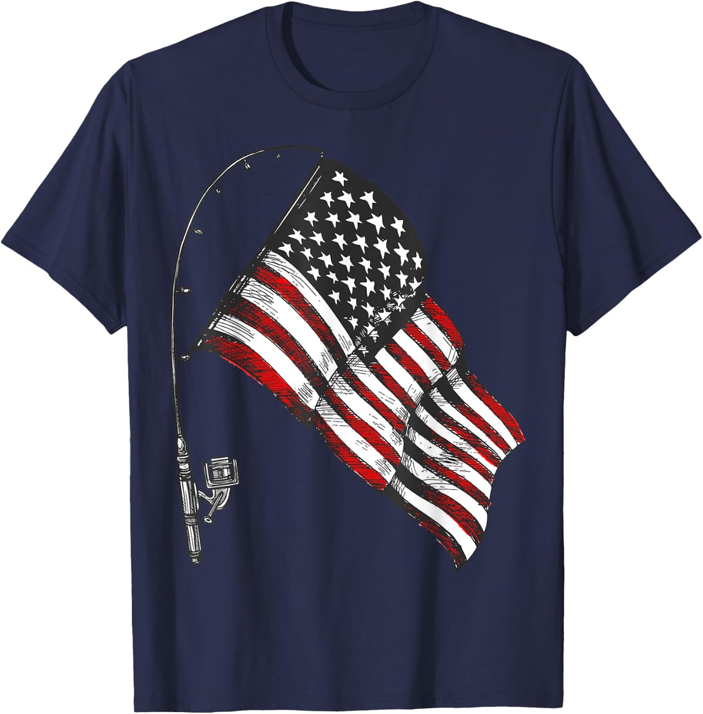 Vintage American Flag Fishing Rod Fishing Lover Fisherman T-Shirt - T-Shirt | Navy