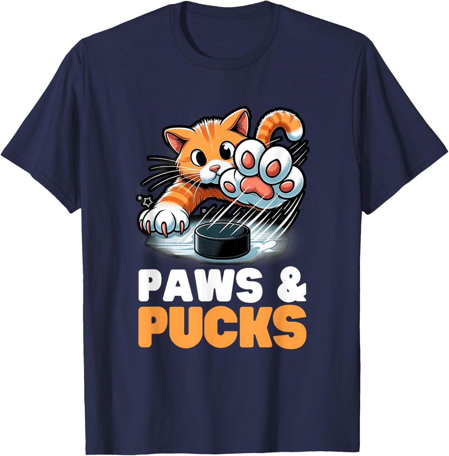 Funny Paws And Pucks Purr Feline Ice Hockey Cat T-Shirt - T-Shirt | Navy