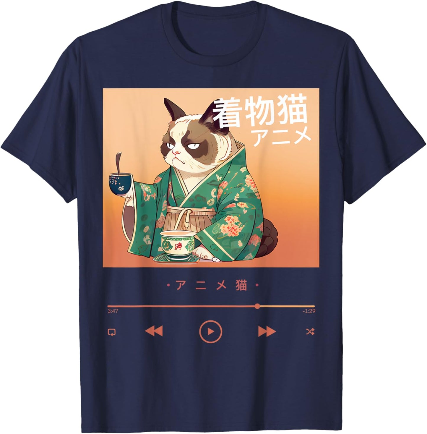 Cute Anime Cat in Colorful Japanese Outfit Men Women Kids T-Shirt - T-Shirt | Navy