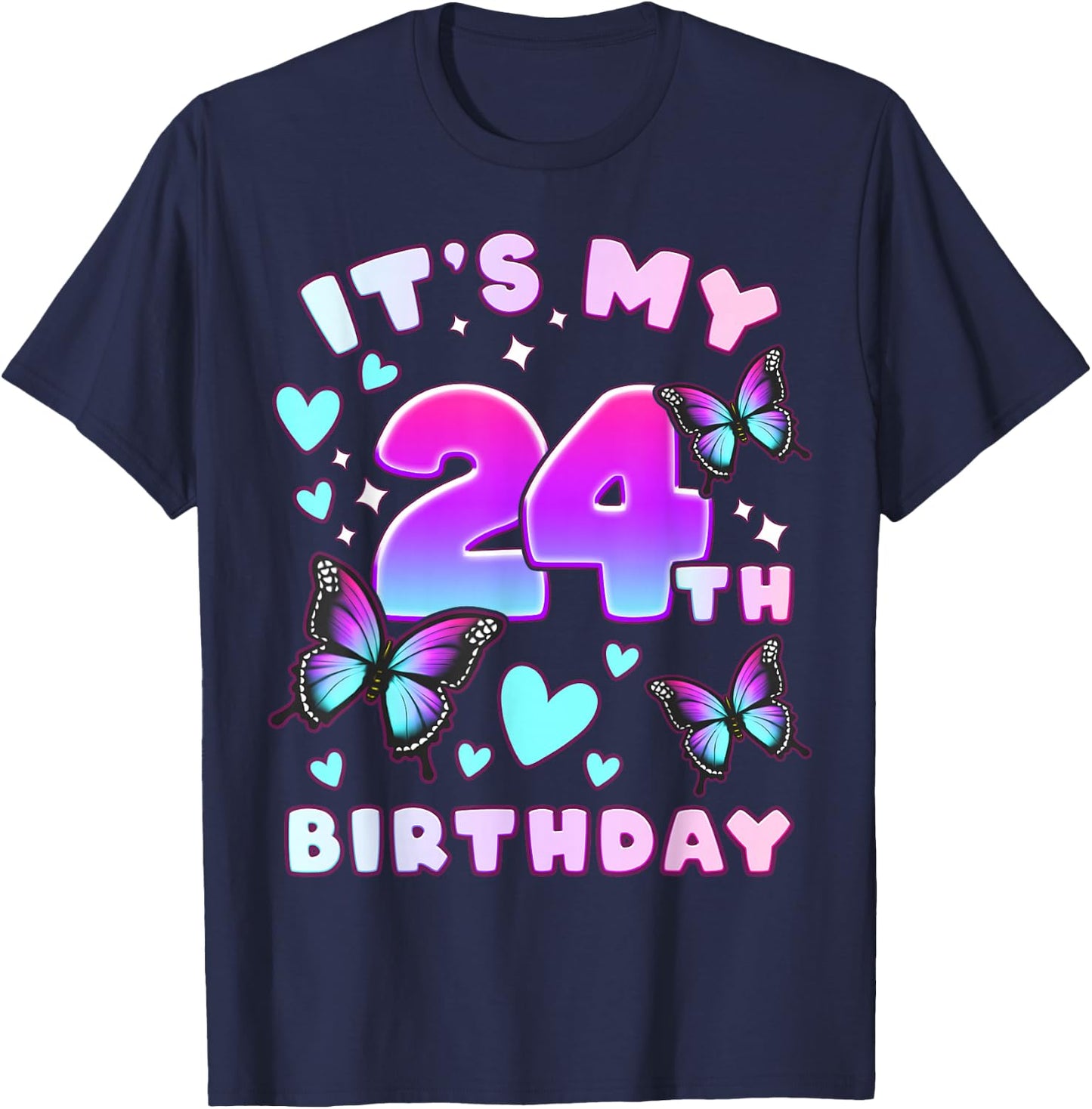 24th Birthday Girl 24 Years Old Butterflies and Number T-Shirt - T-Shirt | Navy