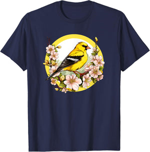 Cute Yellow Goldfinch Floral American GoldFinch T-Shirt - T-Shirt | Navy