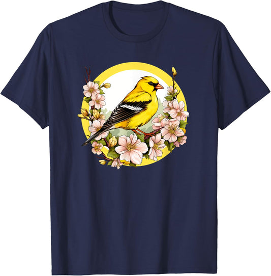 Cute Yellow Goldfinch Floral American GoldFinch T-Shirt - T-Shirt | Navy
