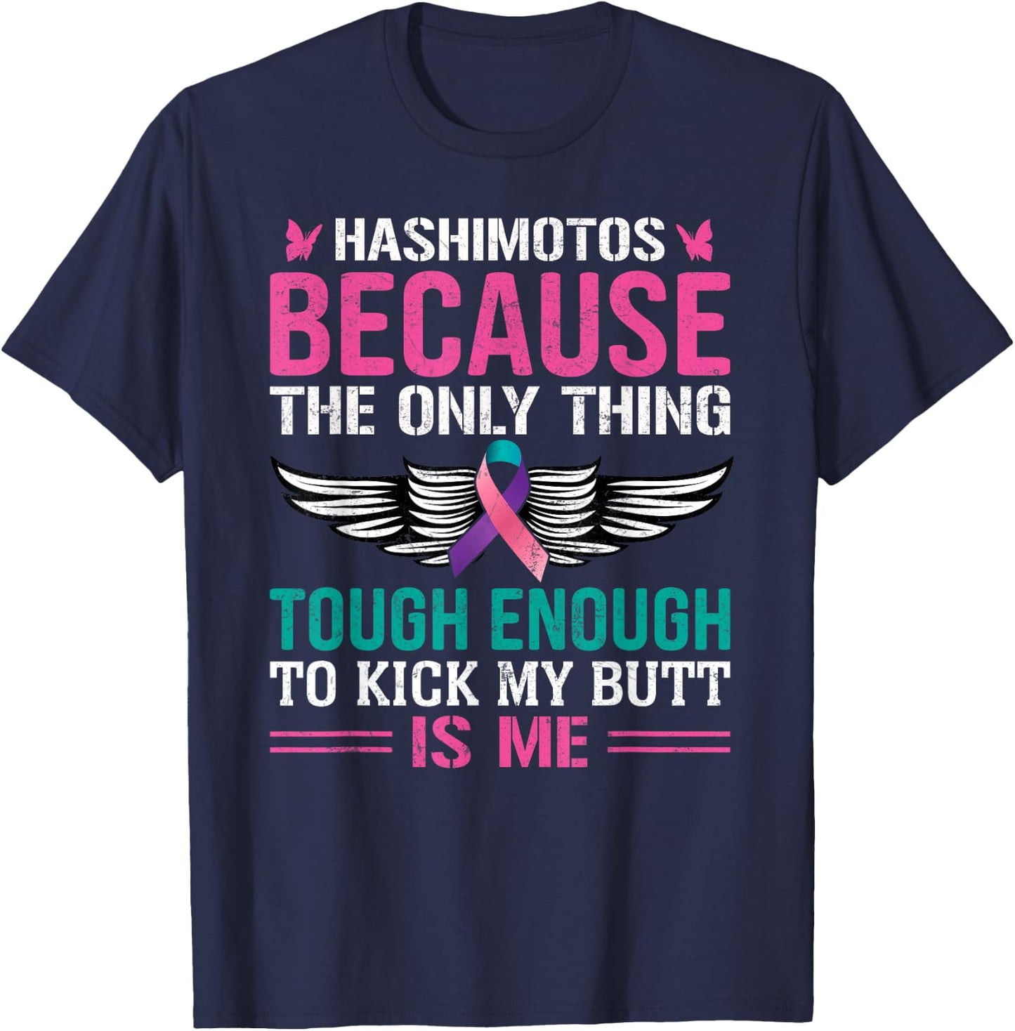 Thyroid Warrior Teal Pink Ribbon Hashimotos Cancer Awareness T-Shirt - T-Shirt | Navy